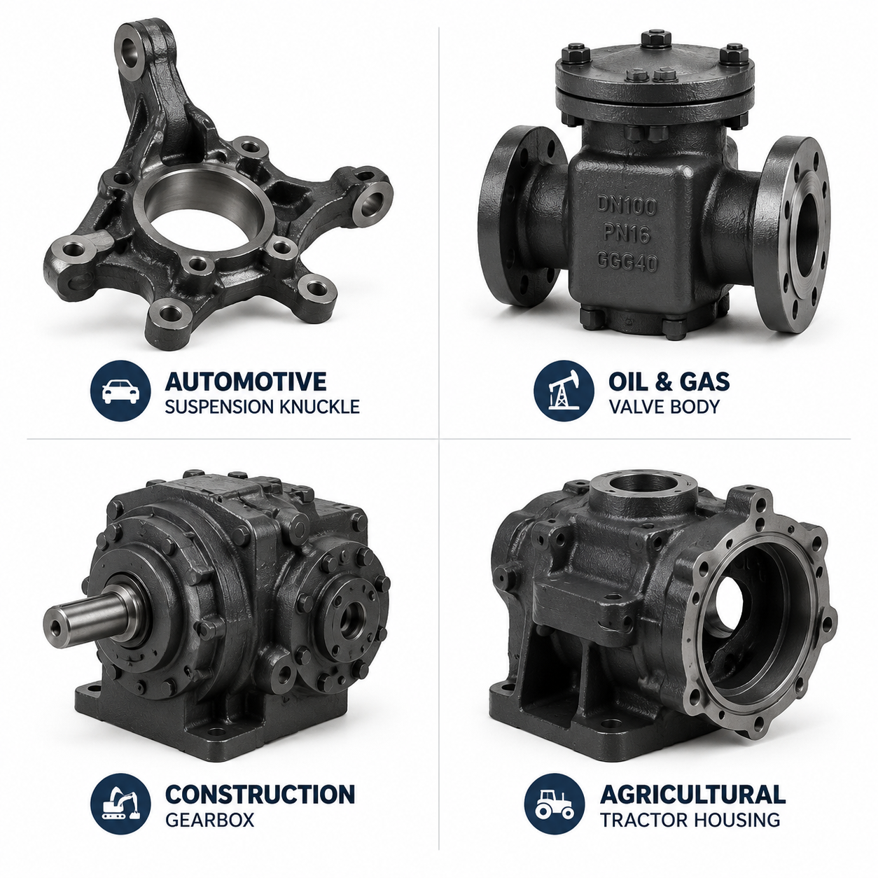Four examples of ductile iron castings from automotive, oil and gas, construction, and agriculture industries