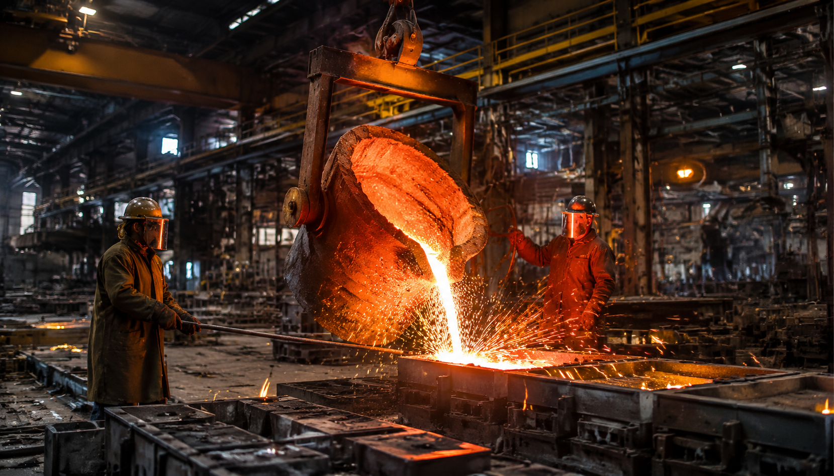 Molten ductile iron being poured into a sand mold at a foundry