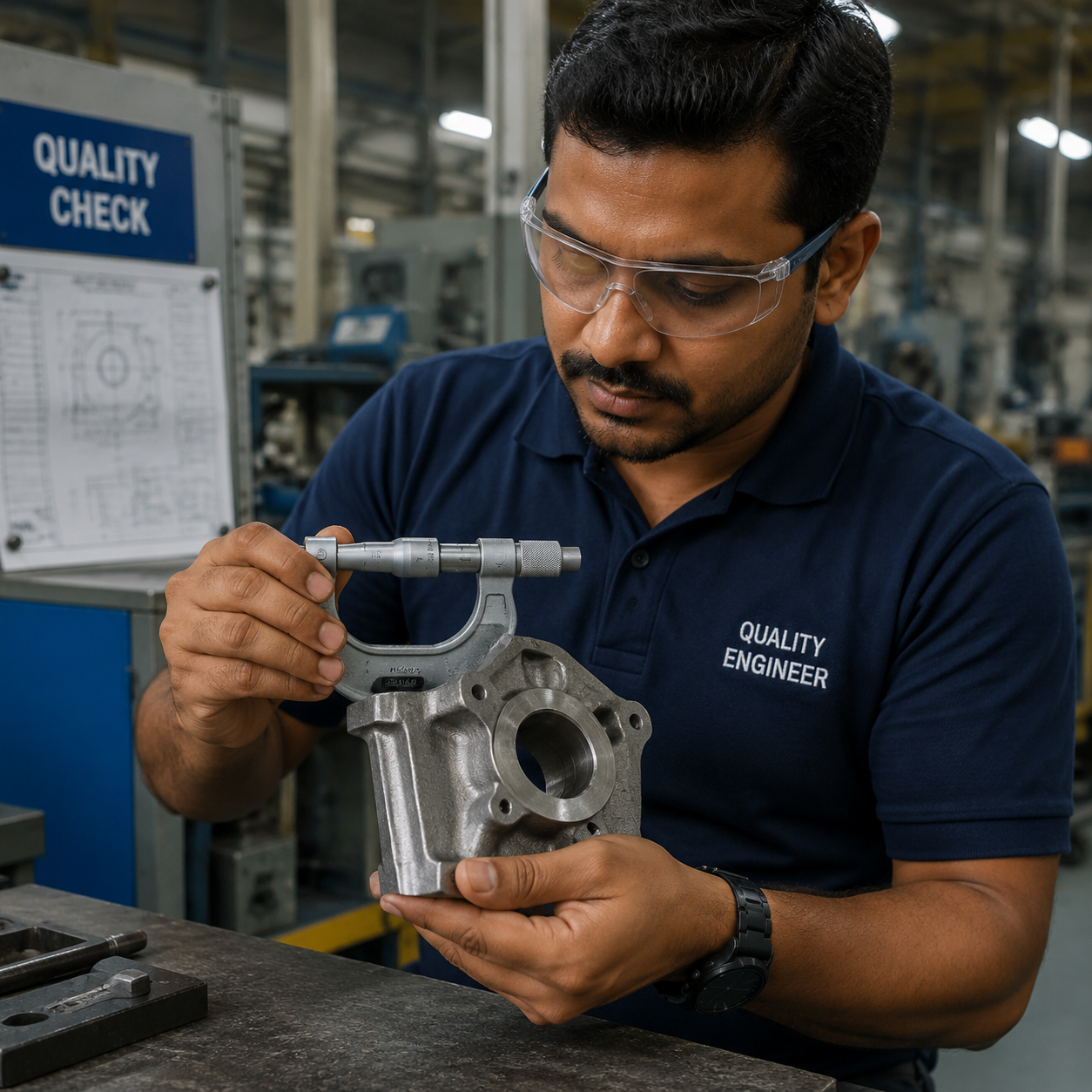 Quality engineer inspecting casting with micrometer
