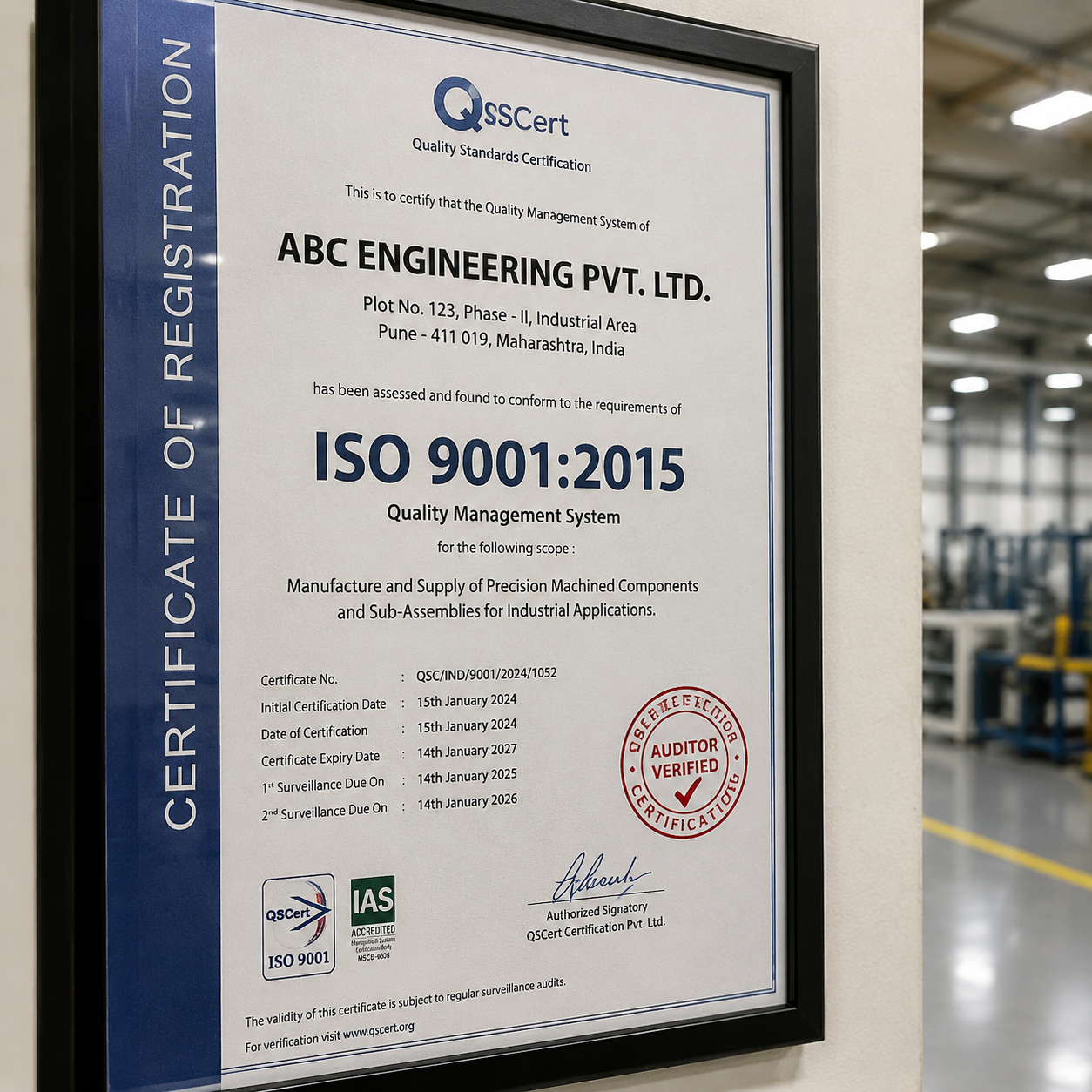 ISO 9001 certificate on factory wall